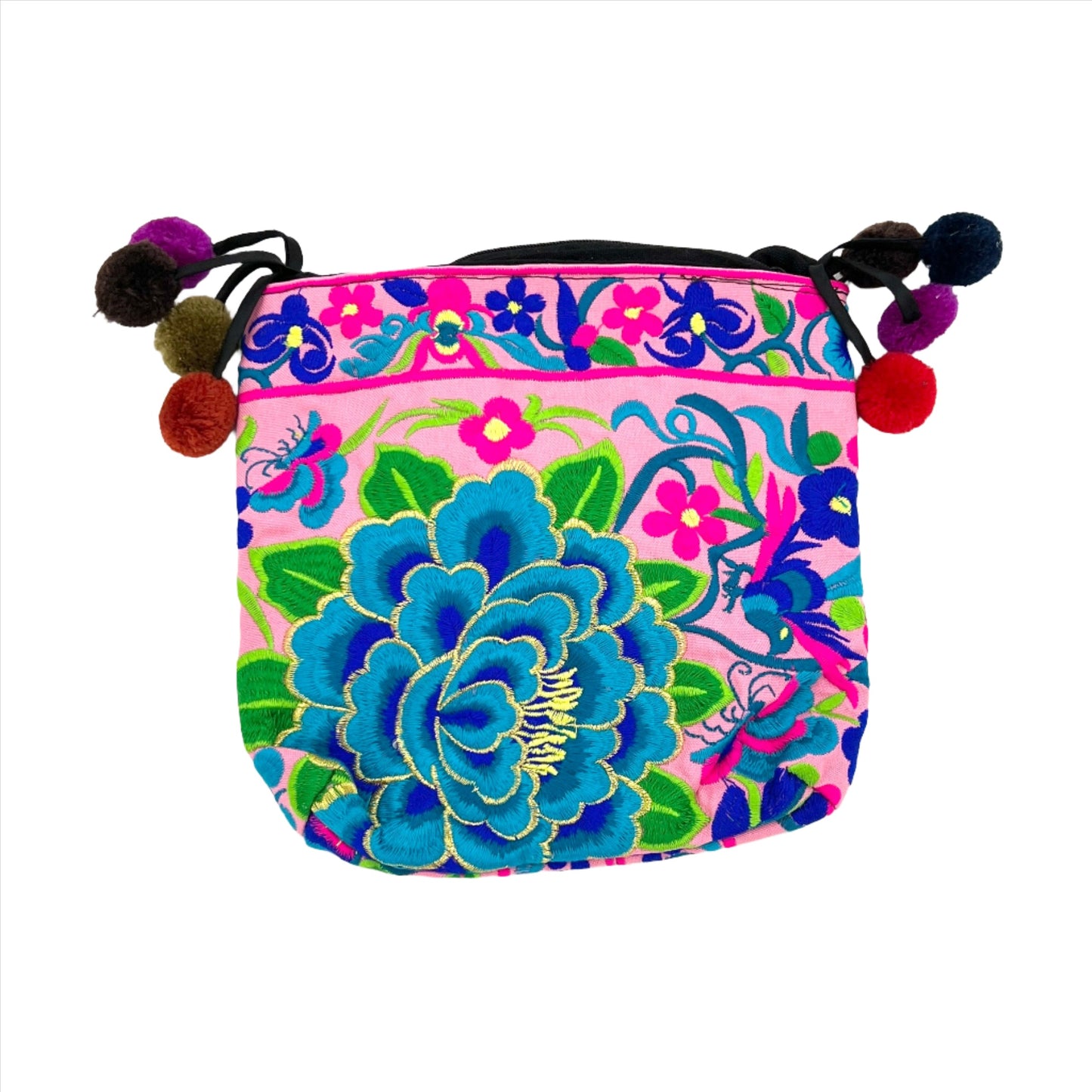 Embroidered Lotus Crossbody Bags w/ Pompoms