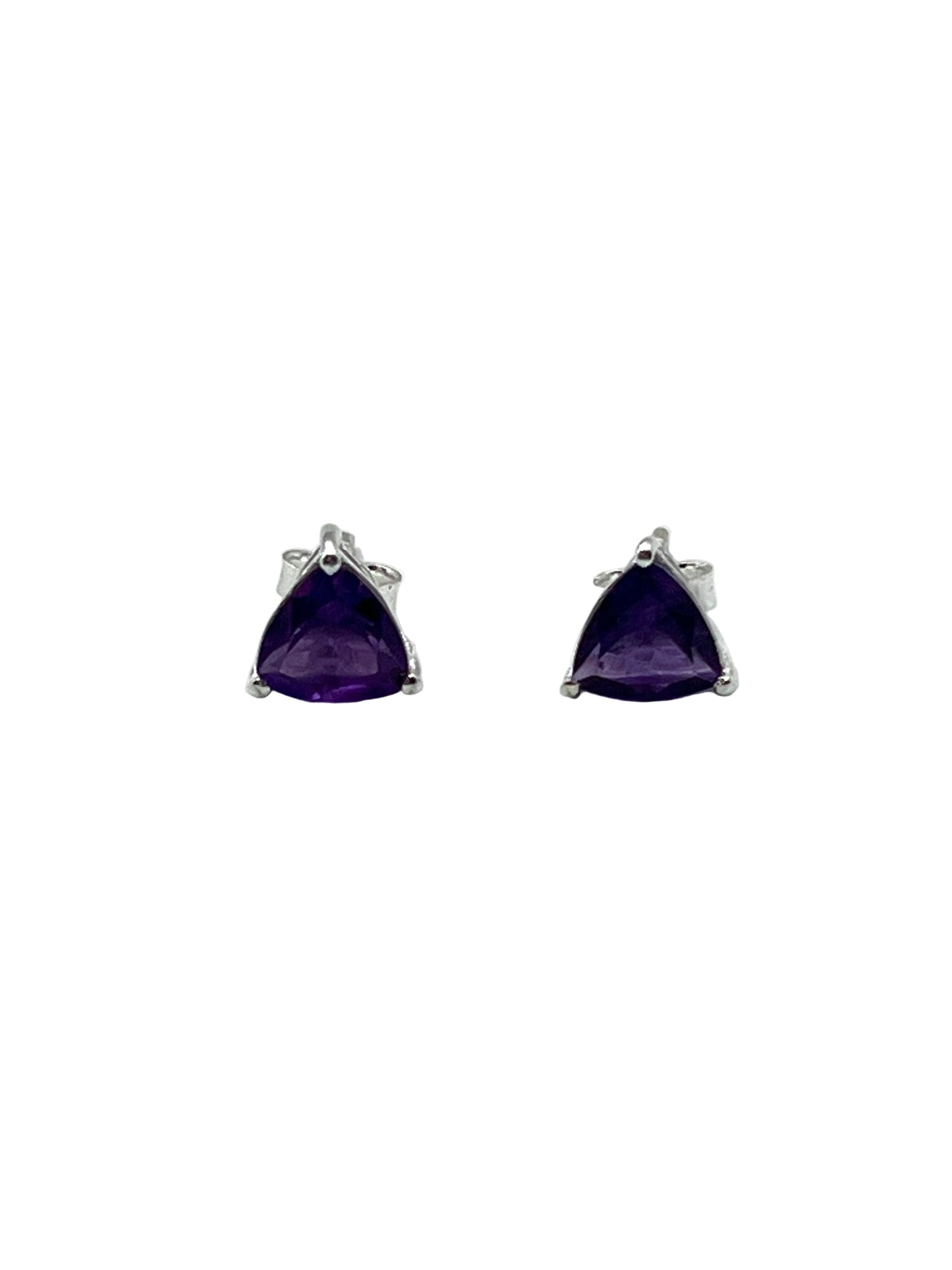 Pair of purple gemstone stud earrings on a white background