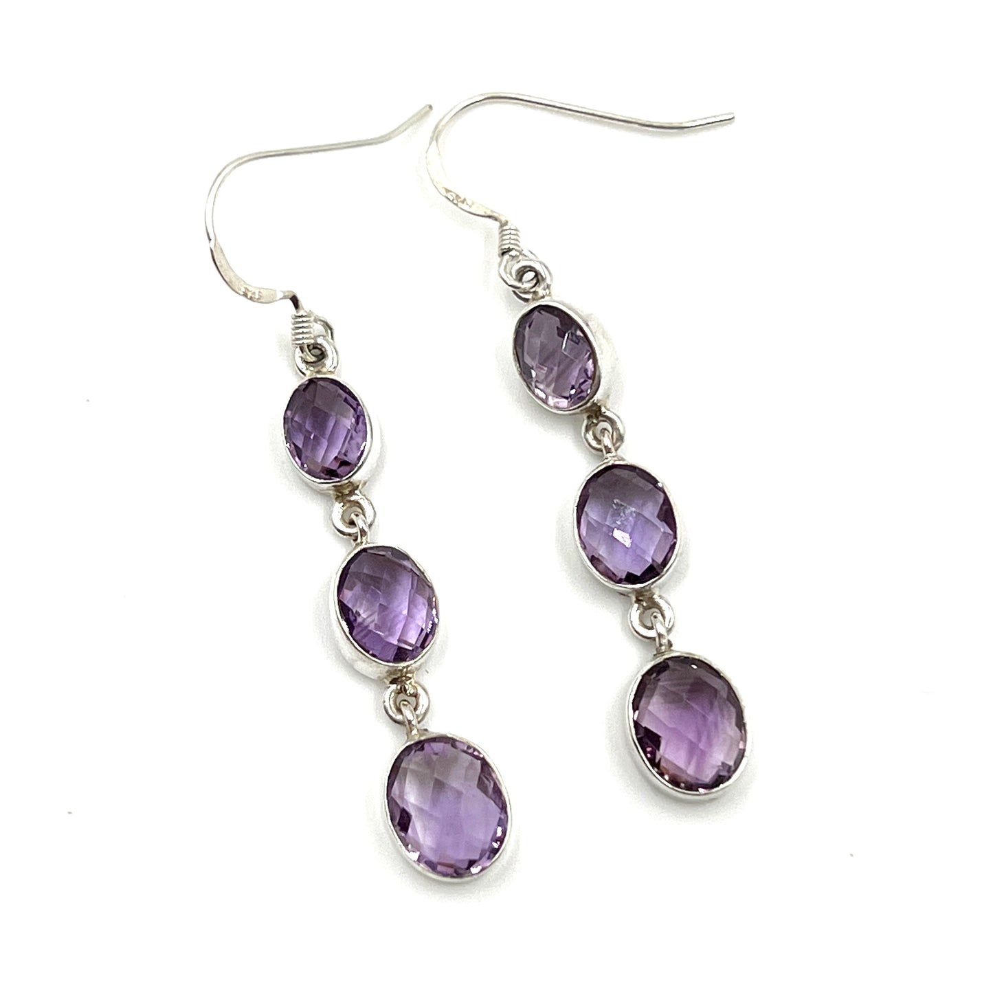 Sterling Silver Faceted Triple Amethyst Earrings