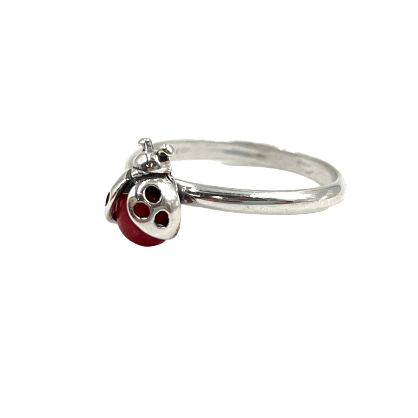 Coral LadyBug Sterling Silver Ring