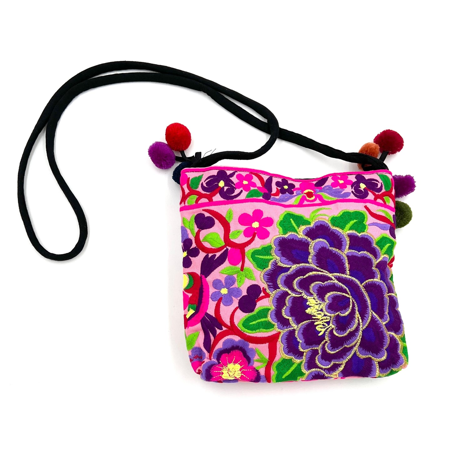 Embroidered Lotus Crossbody Bags w/ Pompoms