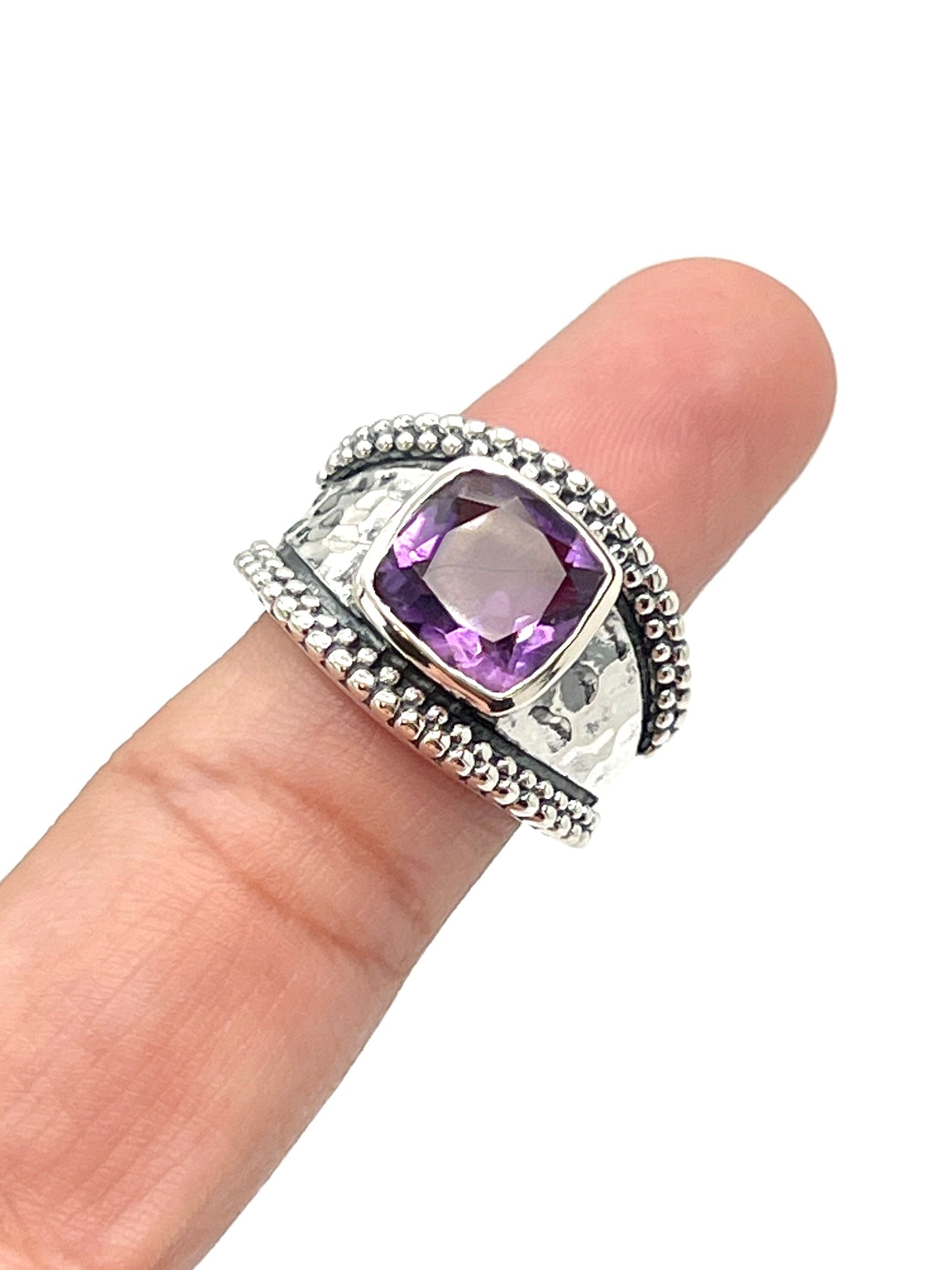 Sterling Silver Square Gemstone Hammered Rings