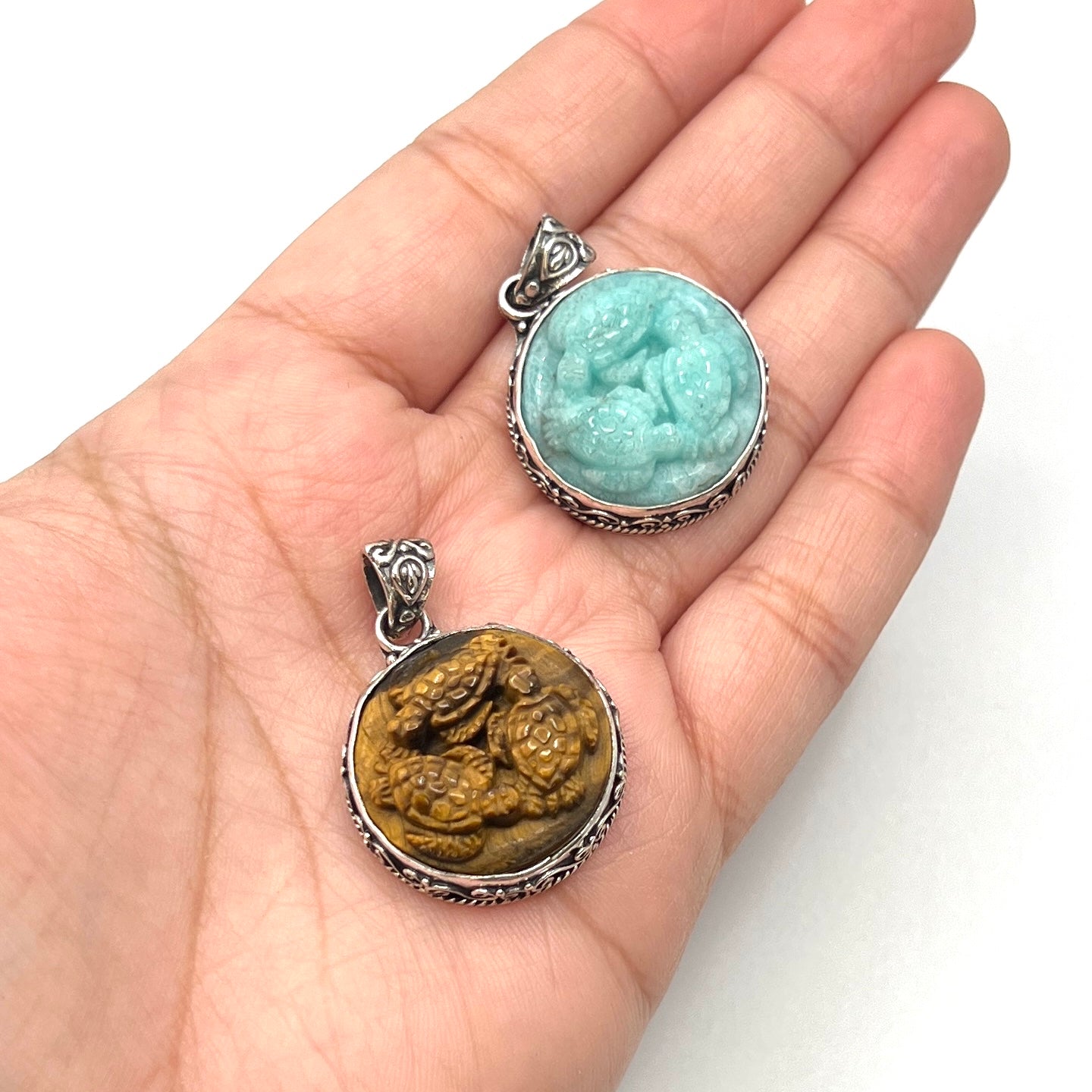 Triple Turtle Gemstone Pendants