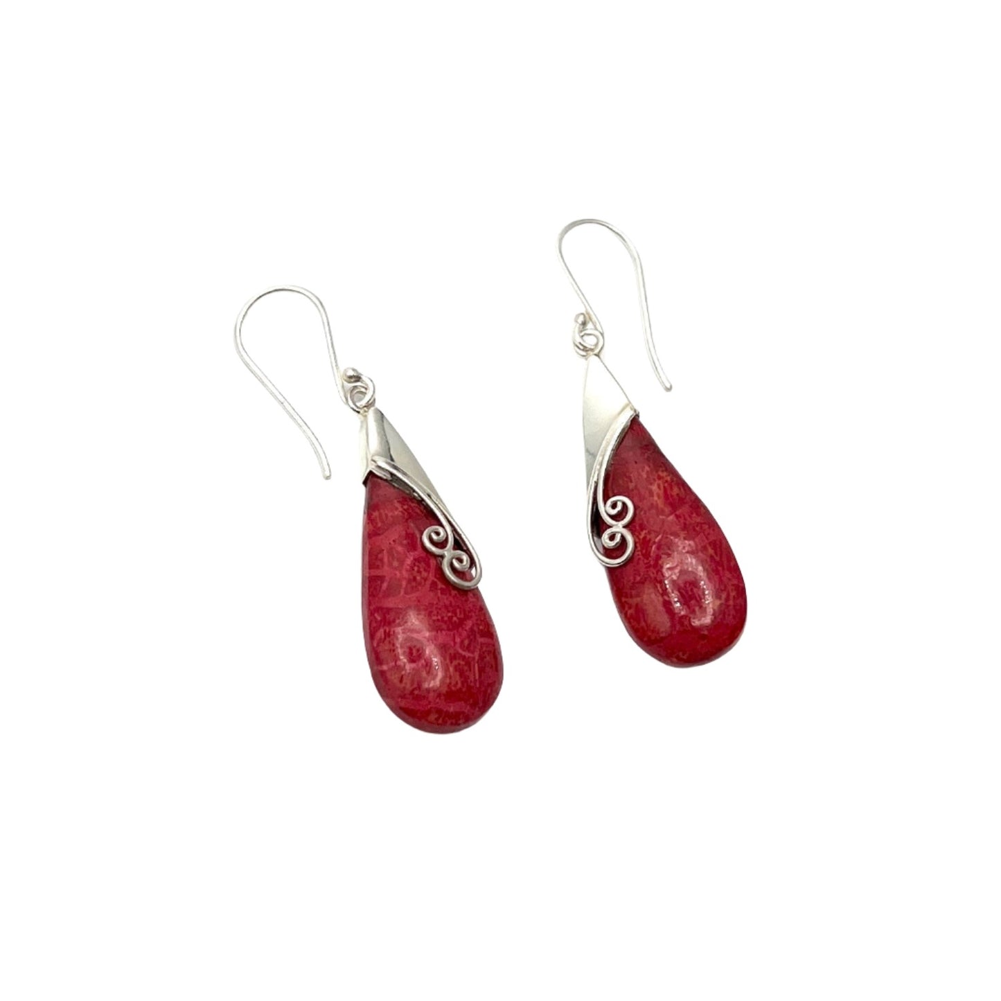 Sterling Silver Red Coral Swirl Earrings