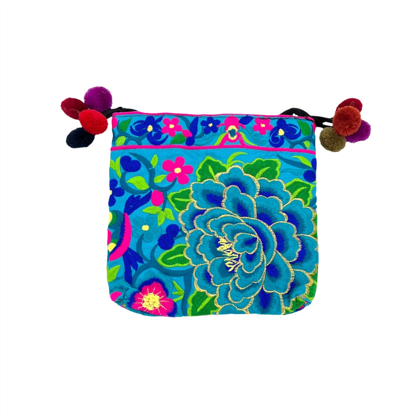 Embroidered Lotus Crossbody Bags w/ Pompoms