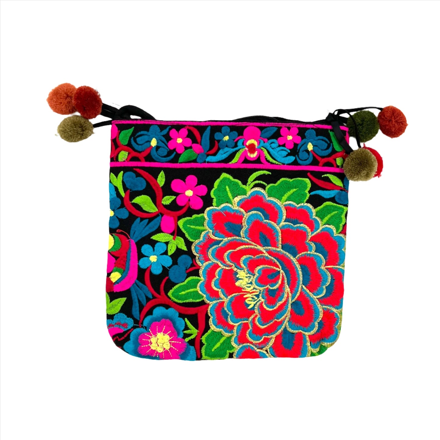 Embroidered Lotus Crossbody Bags w/ Pompoms