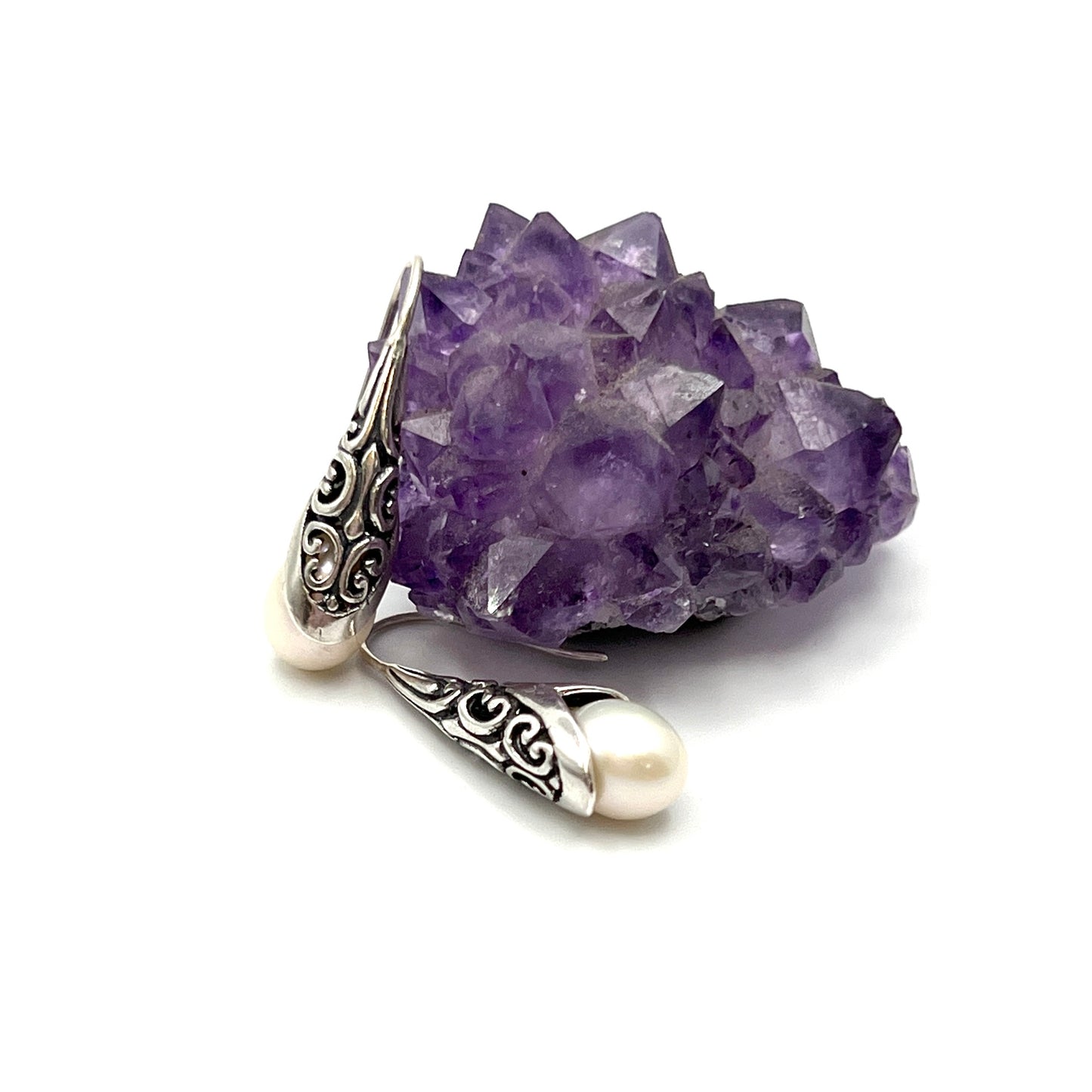 Sterling Silver Filigree Drop Pearl Earrings