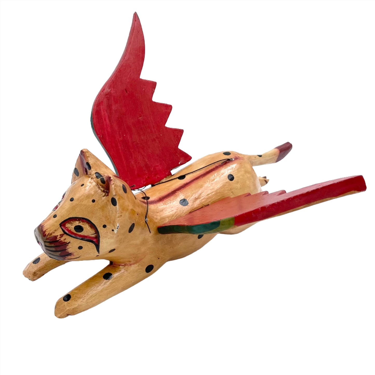 Hand Carved Flying Kitty spirit chaser Tan & Black Polka Dot