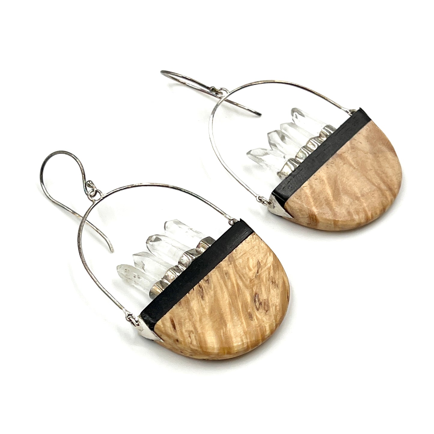 Sterling Silver Clear Quartz & Burl Wood Earrings