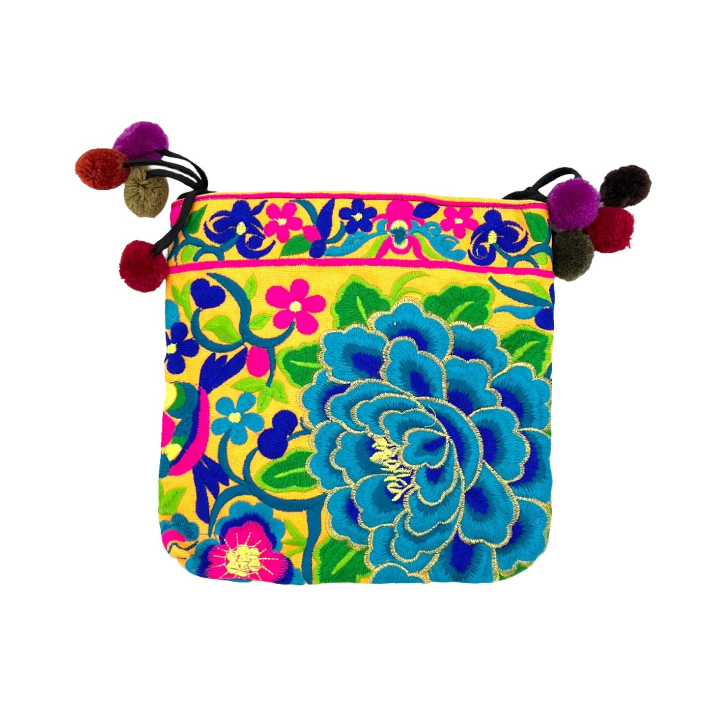 Embroidered Lotus Crossbody Bags w/ Pompoms