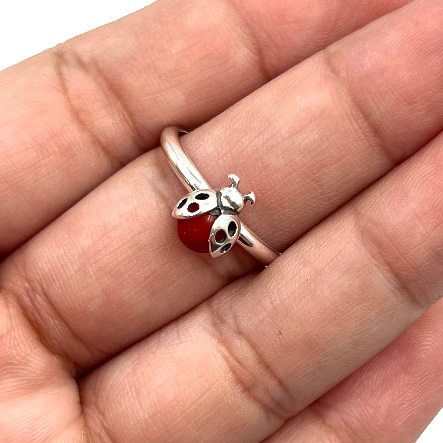 Coral LadyBug Sterling Silver Ring