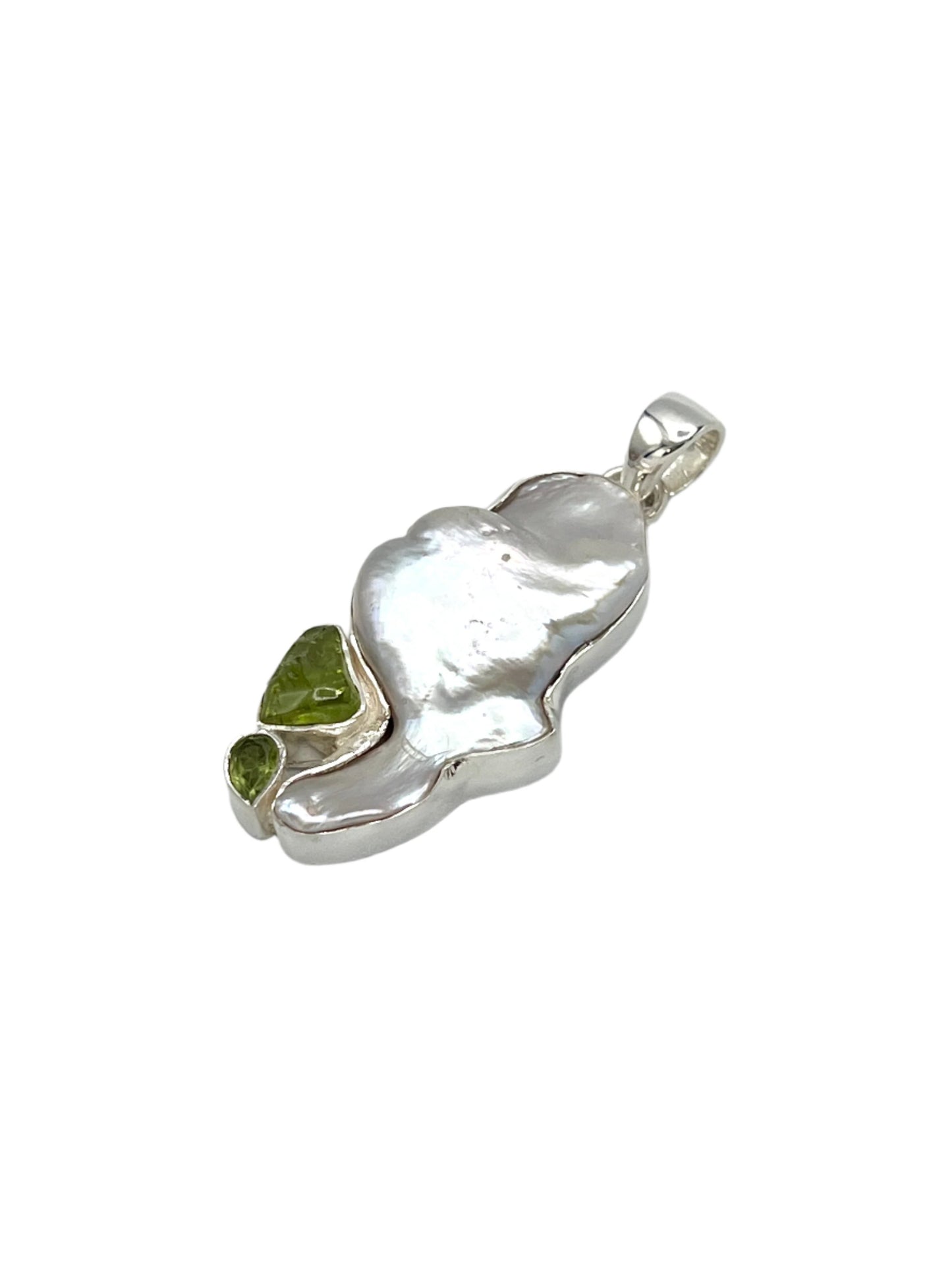 Silver Pearl, Peridot & Green Kyanite Pendants
