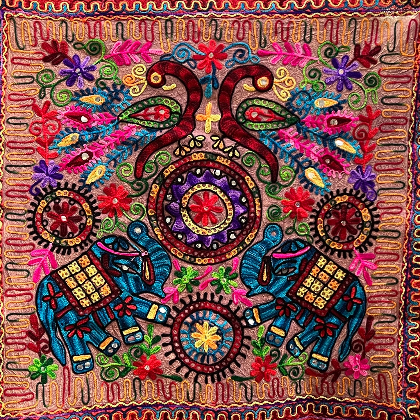 Elephant & Peacock Embroidered Wall Hanging 32"x 34"