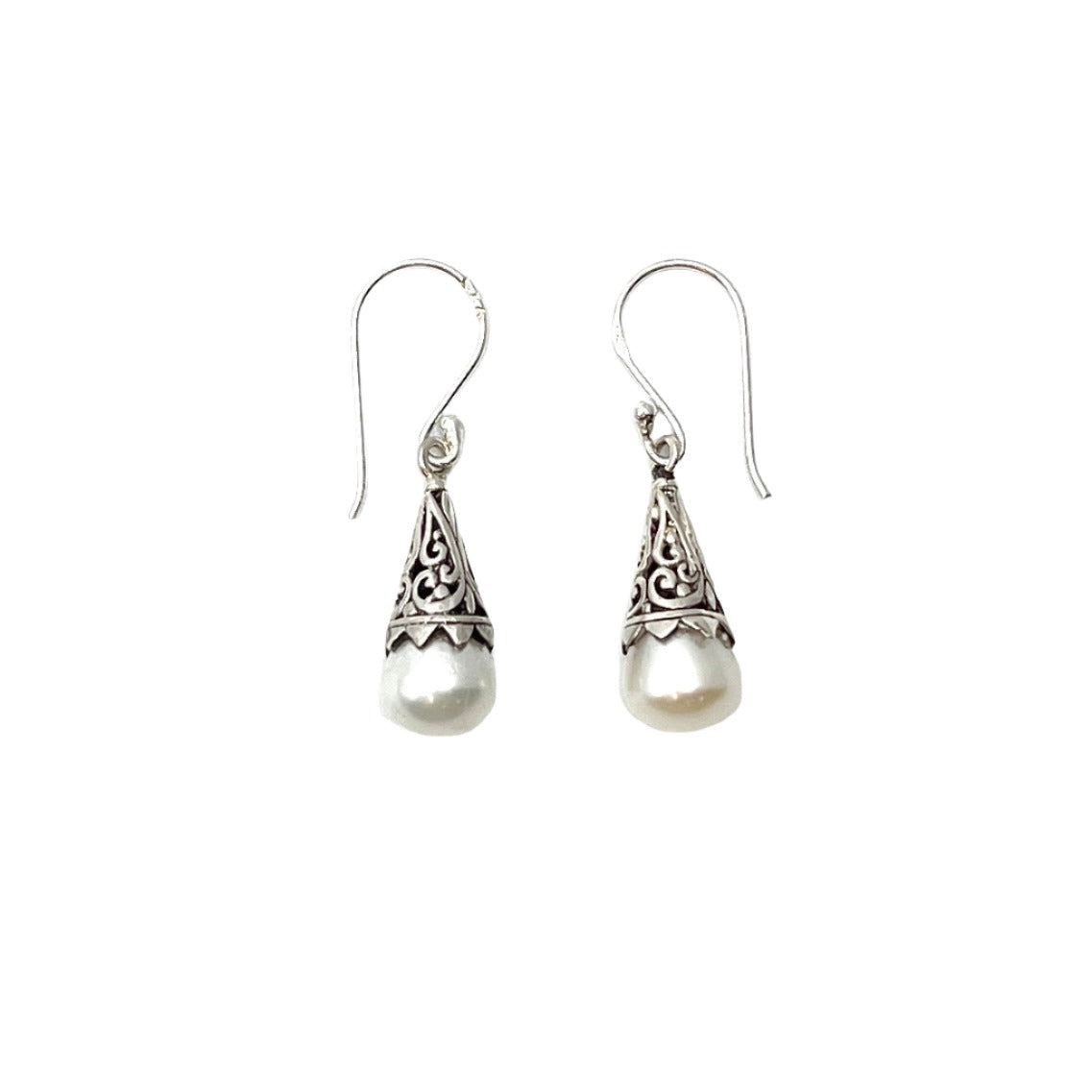 Sterling Silver Filigree Drop Pearl Earrings