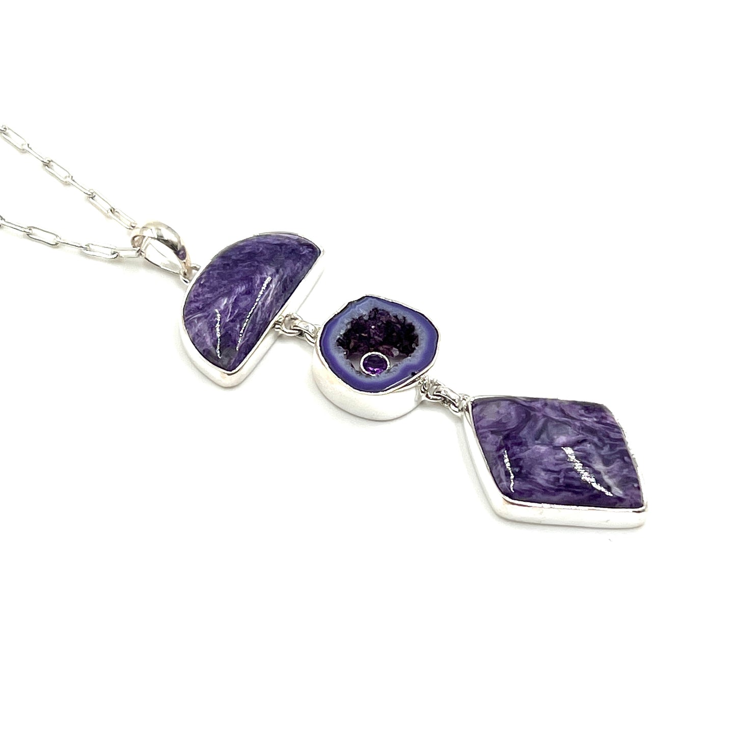 Sterling Silver Charoite & Purple Agate Druzy Necklaces