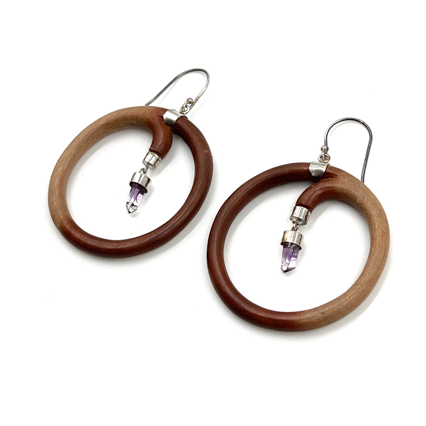 Sterling Silver Crystal Wood Hoop Earrings