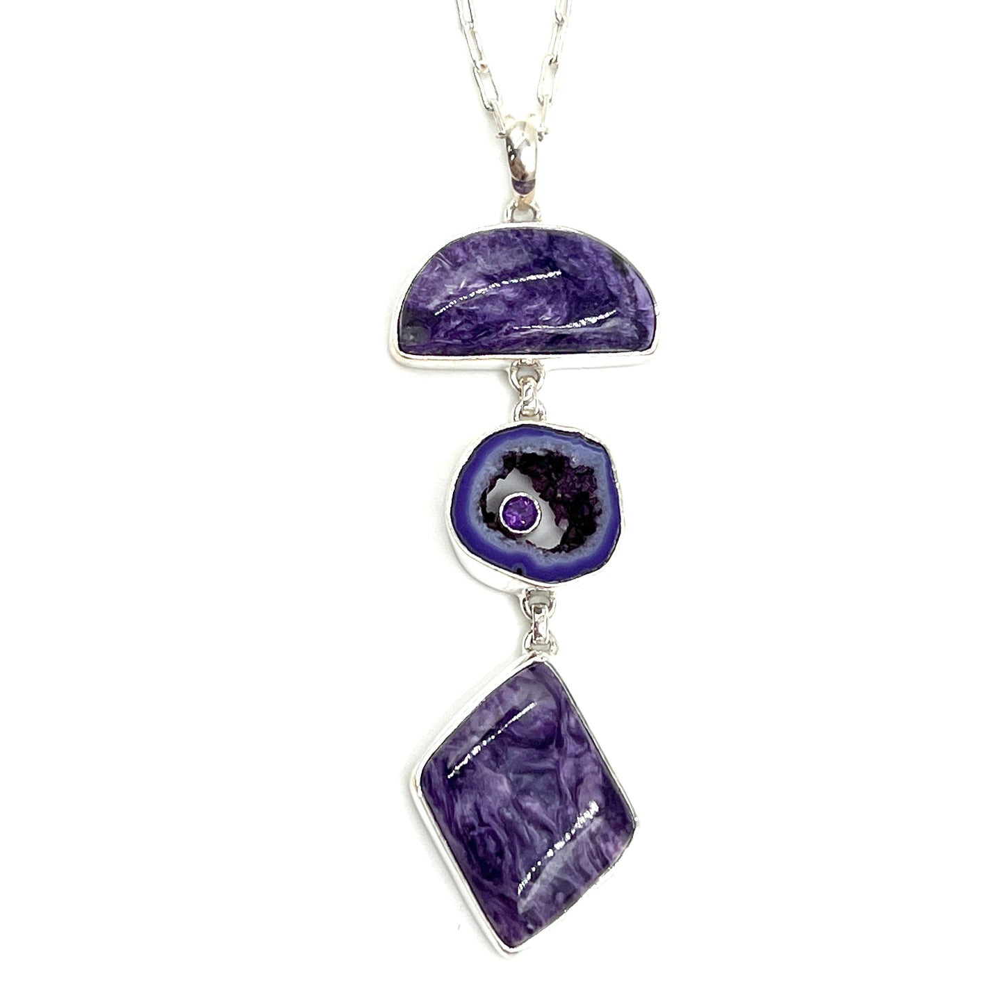 Sterling Silver Charoite & Purple Agate Druzy Necklaces