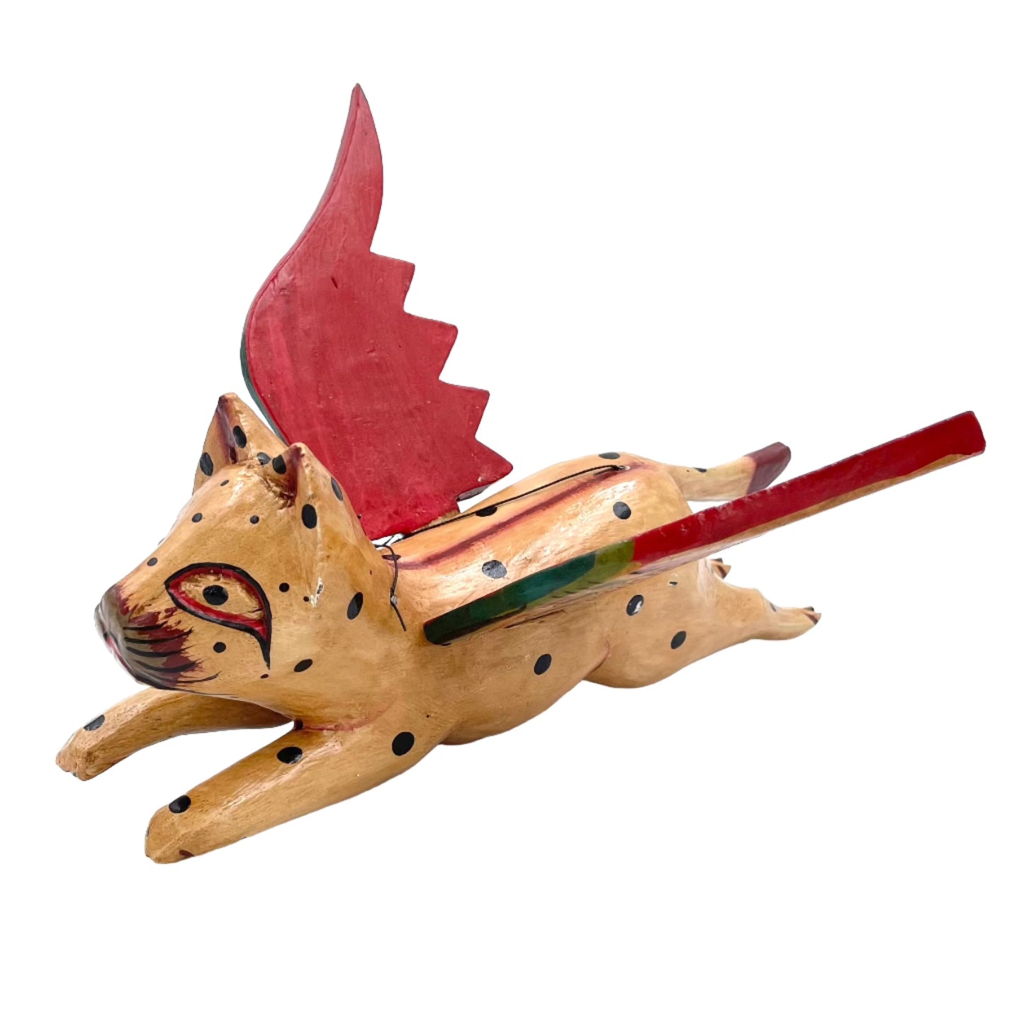 Hand Carved Flying Kitty spirit chaser Tan & Black Polka Dot