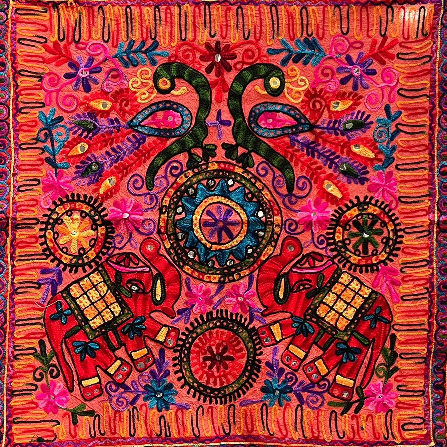 Elephant & Peacock Embroidered Wall Hanging 32"x 34"