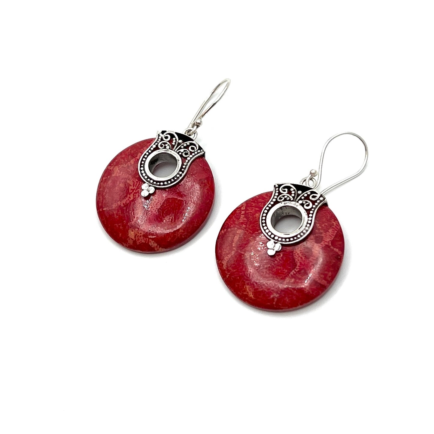 Sterling Silver Red Coral Circle Earrings