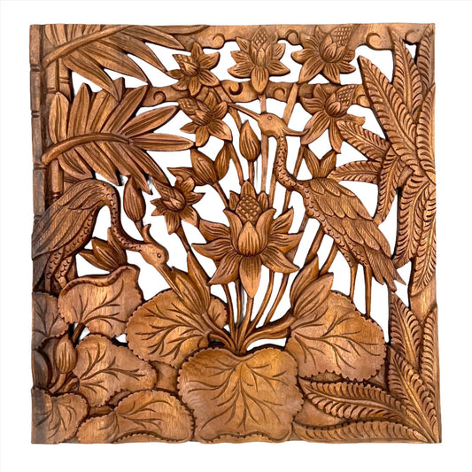 Lotus Flower & Heron Panel Carving