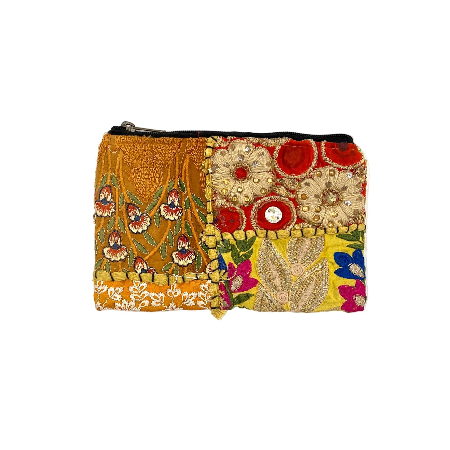 Colorful embroidered pouch on a white background