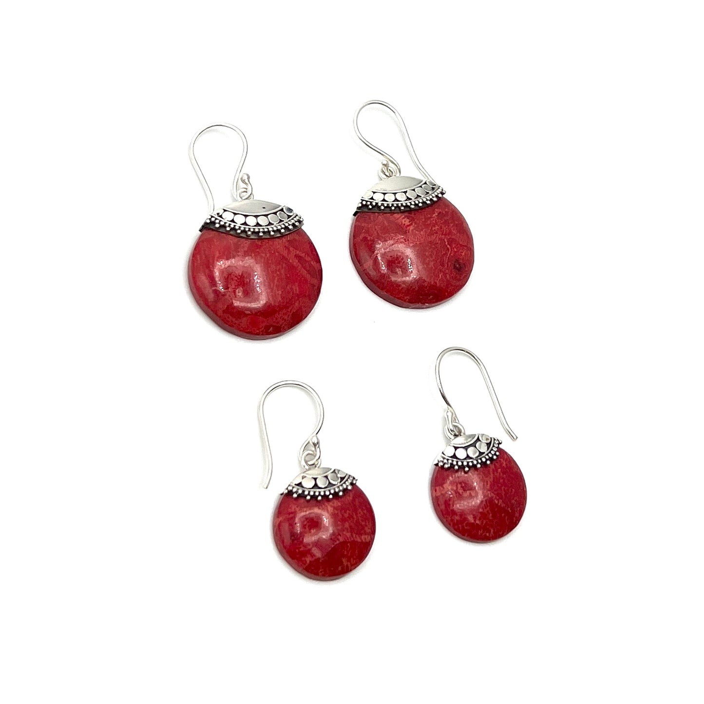 Sterling Silver Red Coral Beaded Circle Earrings