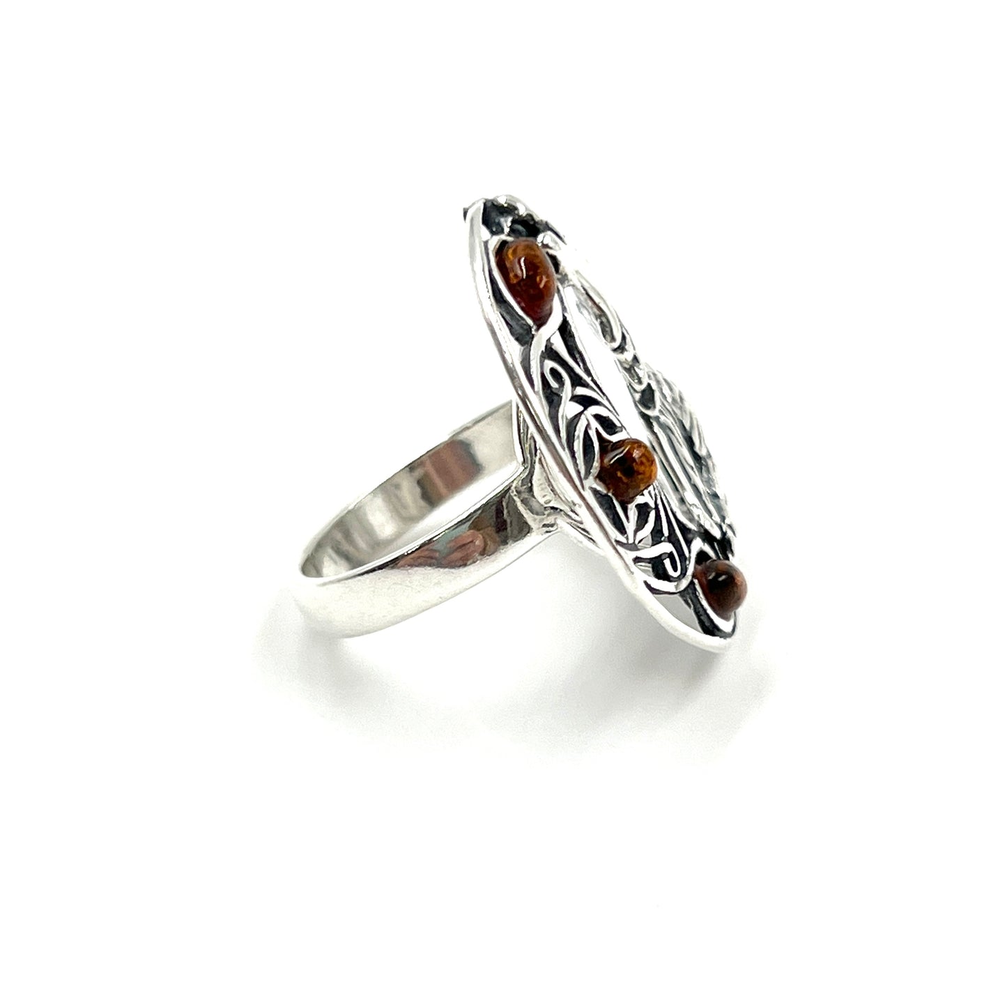 Sterling Silver Amber Wolf Howling Ring