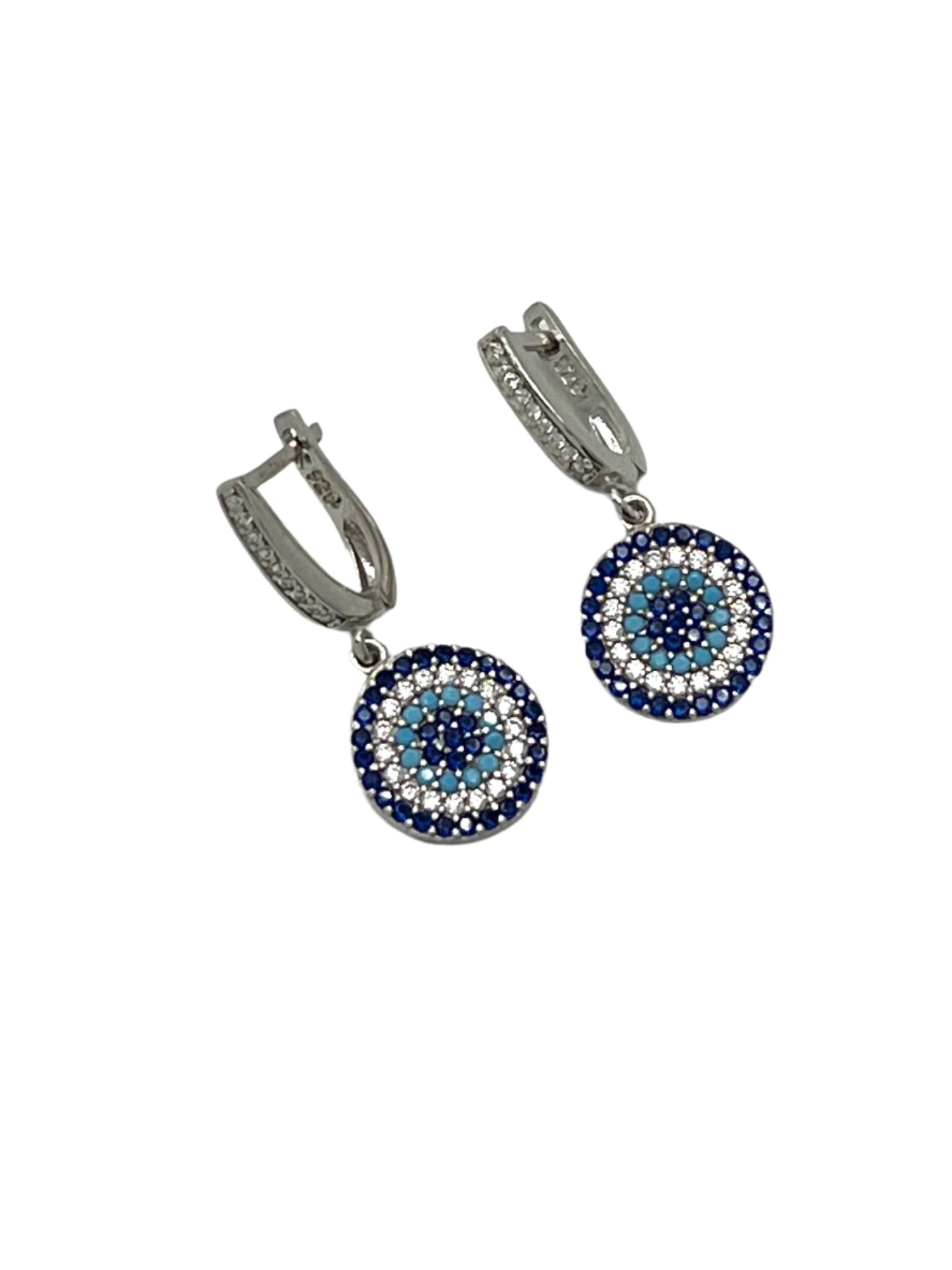 Silver Evil Eye Flat Dangle Earrings