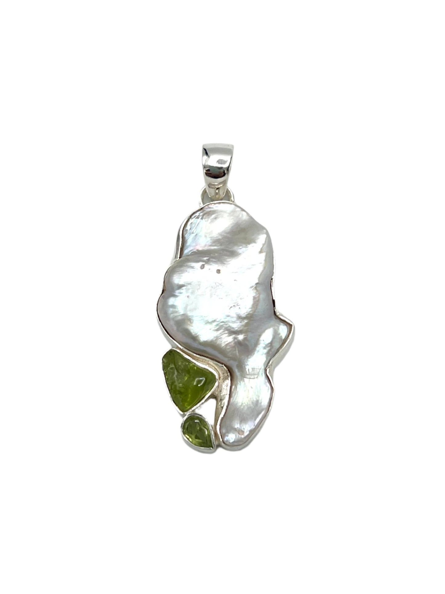 Silver Pearl, Peridot & Green Kyanite Pendants