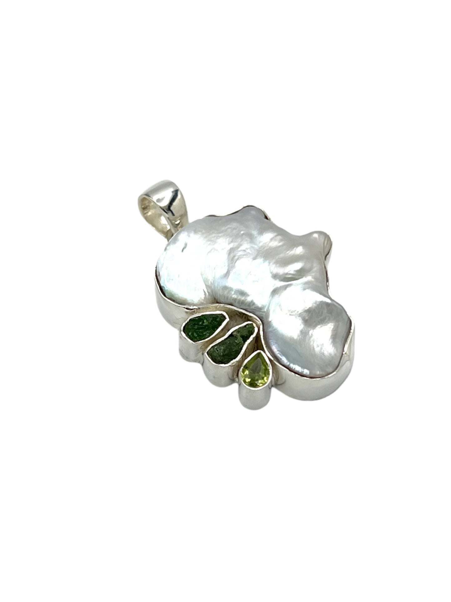 Silver Pearl, Peridot & Green Kyanite Pendants