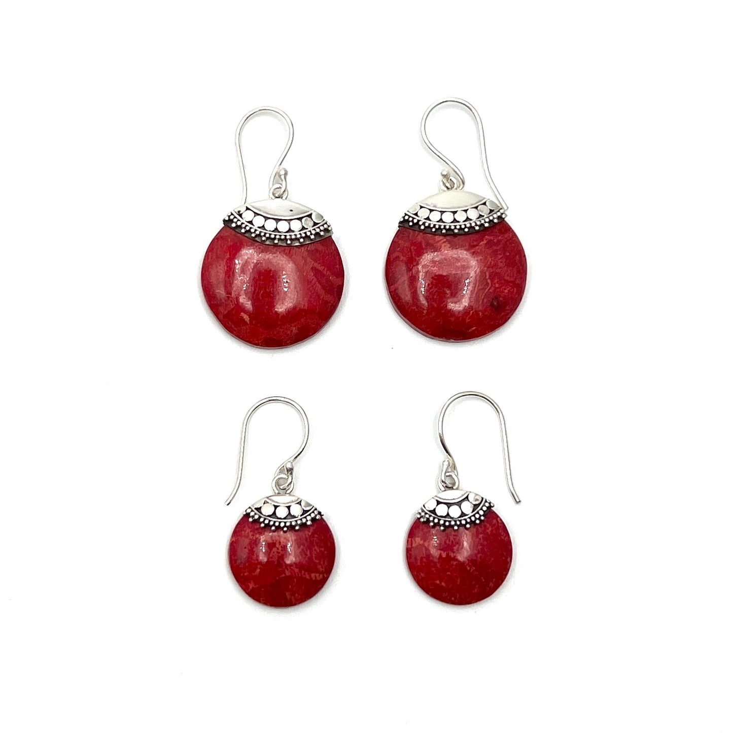 Sterling Silver Red Coral Beaded Circle Earrings