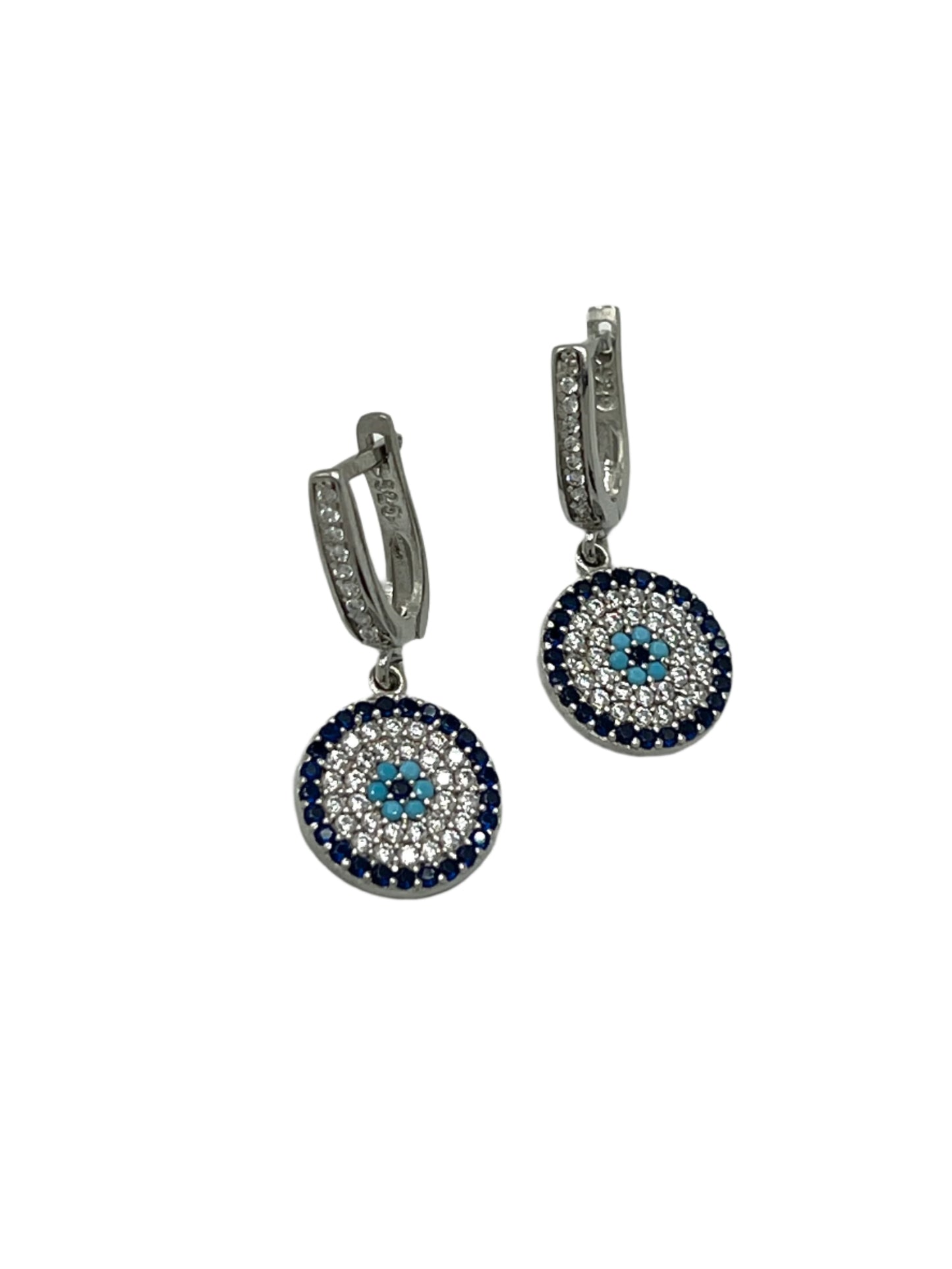 Silver Evil Eye Flat Dangle Earrings