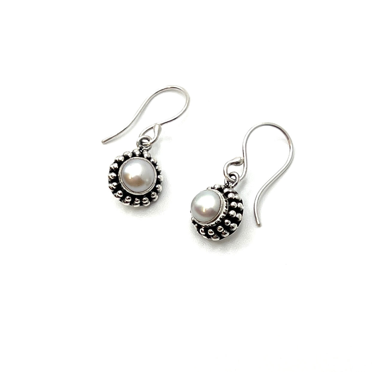 Sterling Silver Filigree Round Pearl Earrings