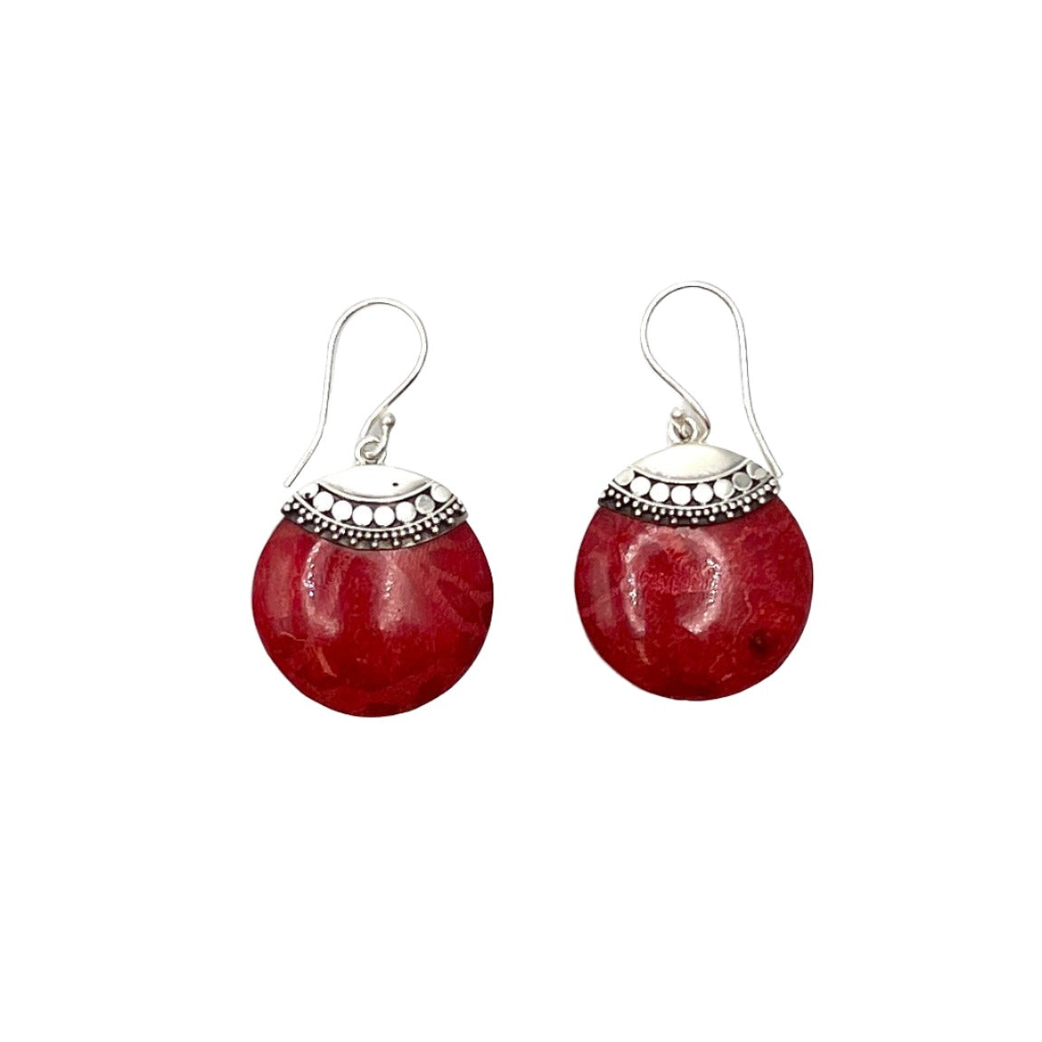Sterling Silver Red Coral Beaded Circle Earrings