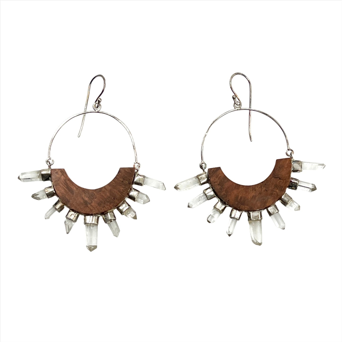 Sterling Silver Clear Quartz & Burl Wood Earrings