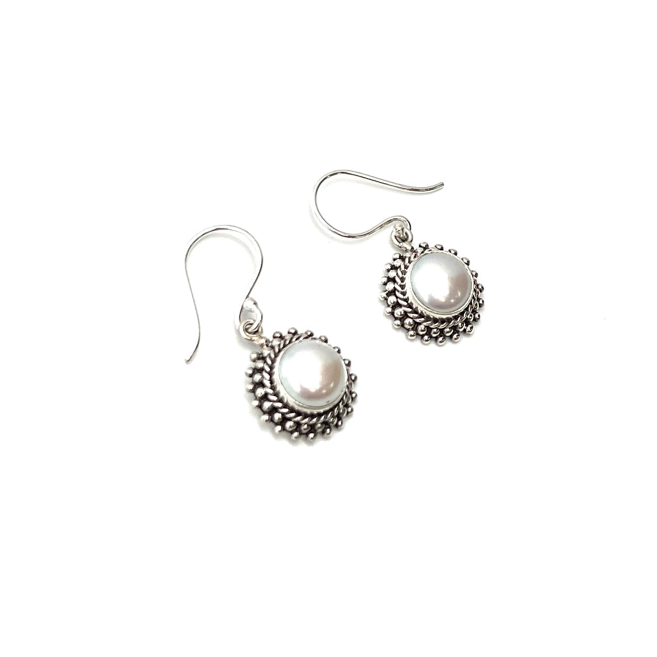 Sterling Silver Filigree Round Pearl Earrings