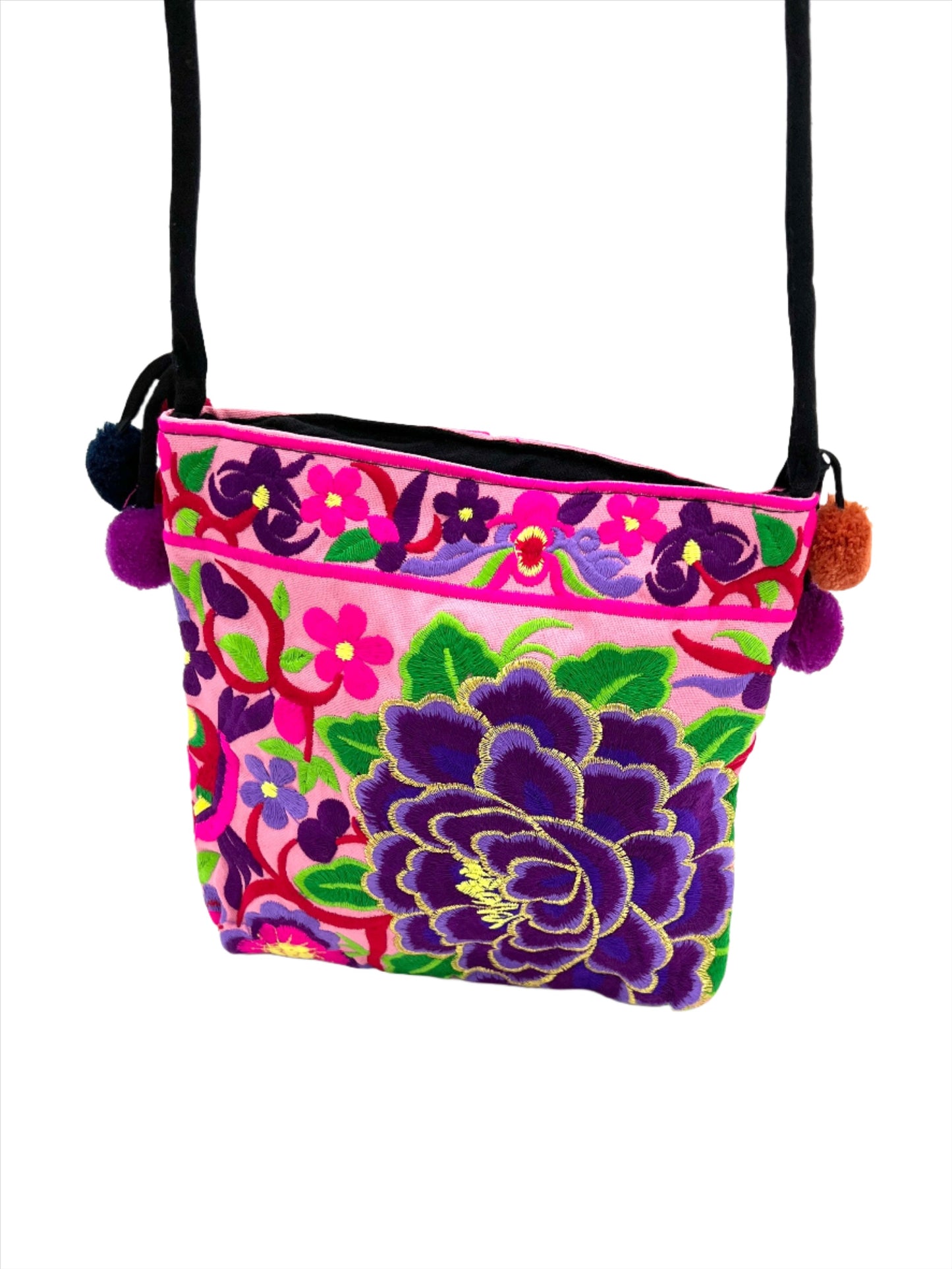 Embroidered Lotus Crossbody Bags w/ Pompoms