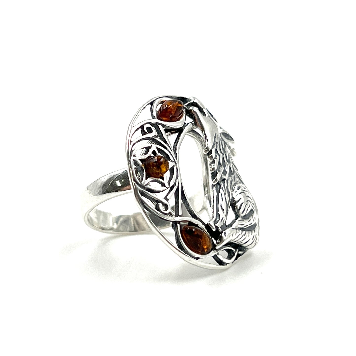 Sterling Silver Amber Wolf Howling Ring