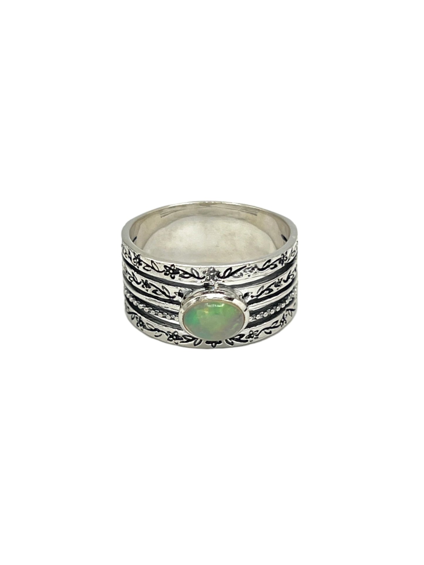 Sterling Silver Oval Opal Flower Band Ring