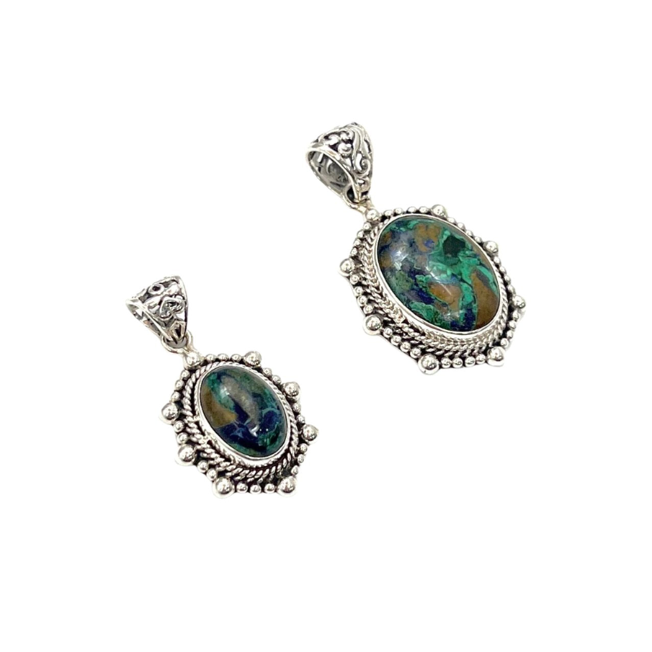 Sterling Silver Beaded Azurite & Malachite Oval Pendants