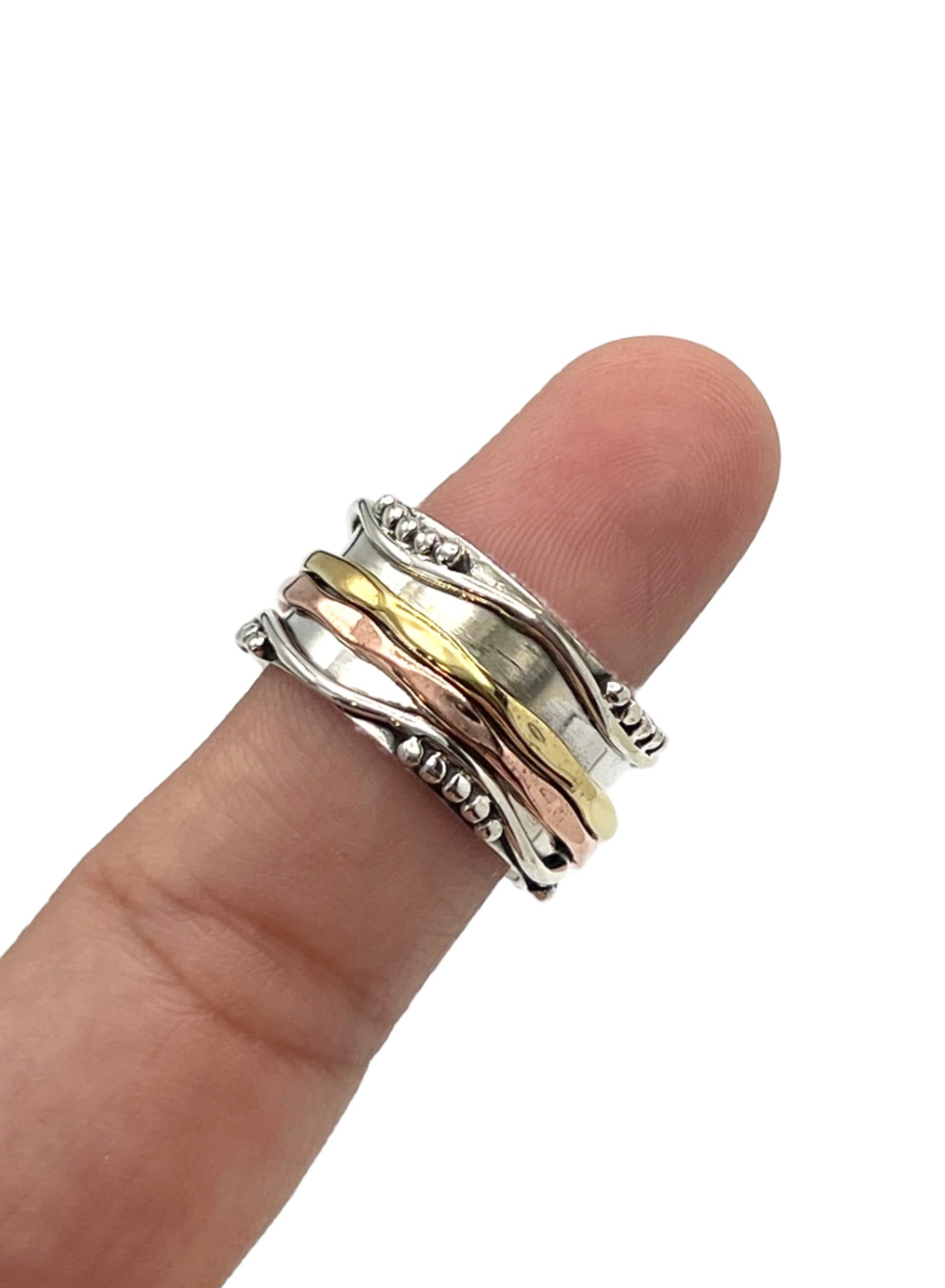 Silver Multi Metal Wavy Beaded Spinner Ring