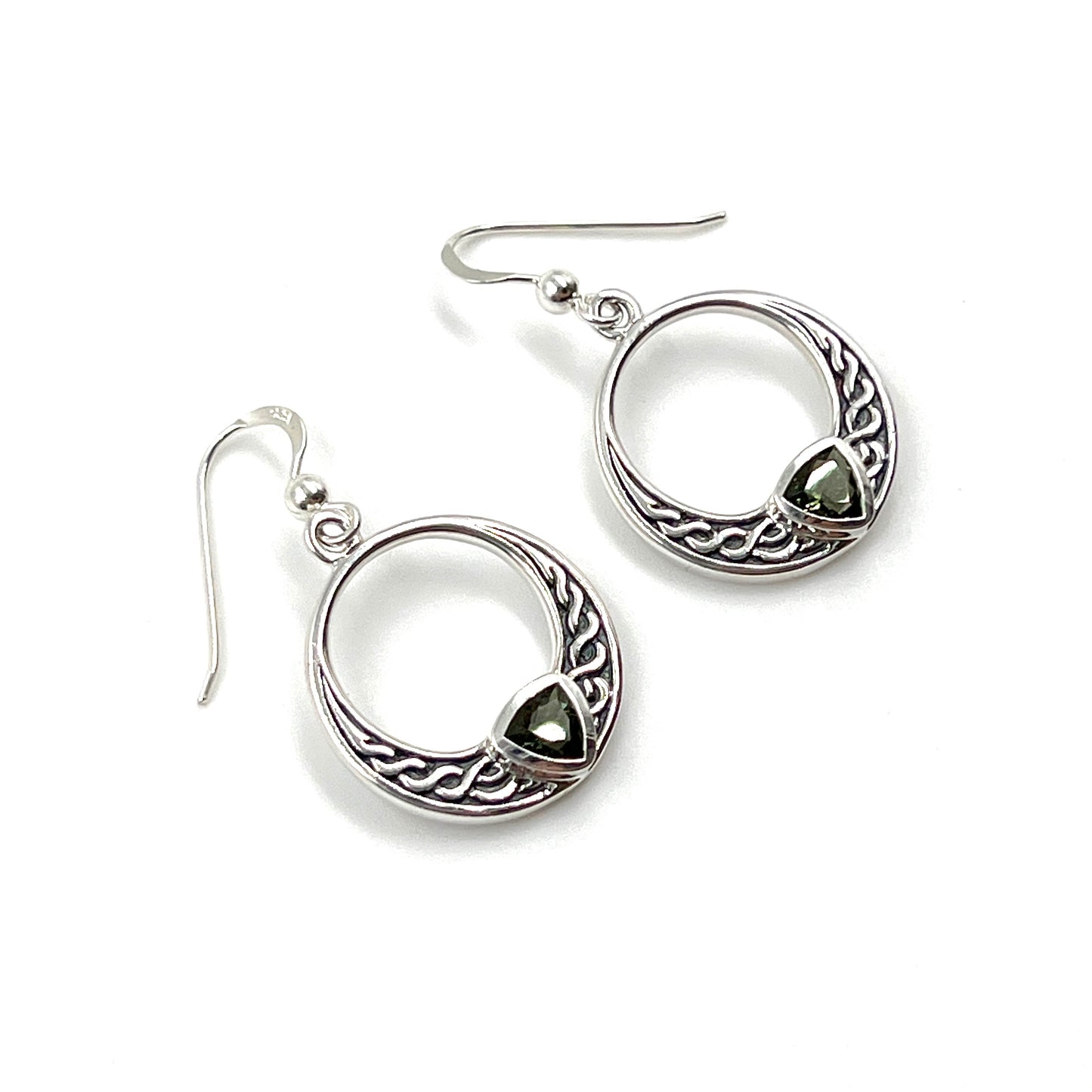 Sterling Silver Moldavite Celtic Circle Earrings