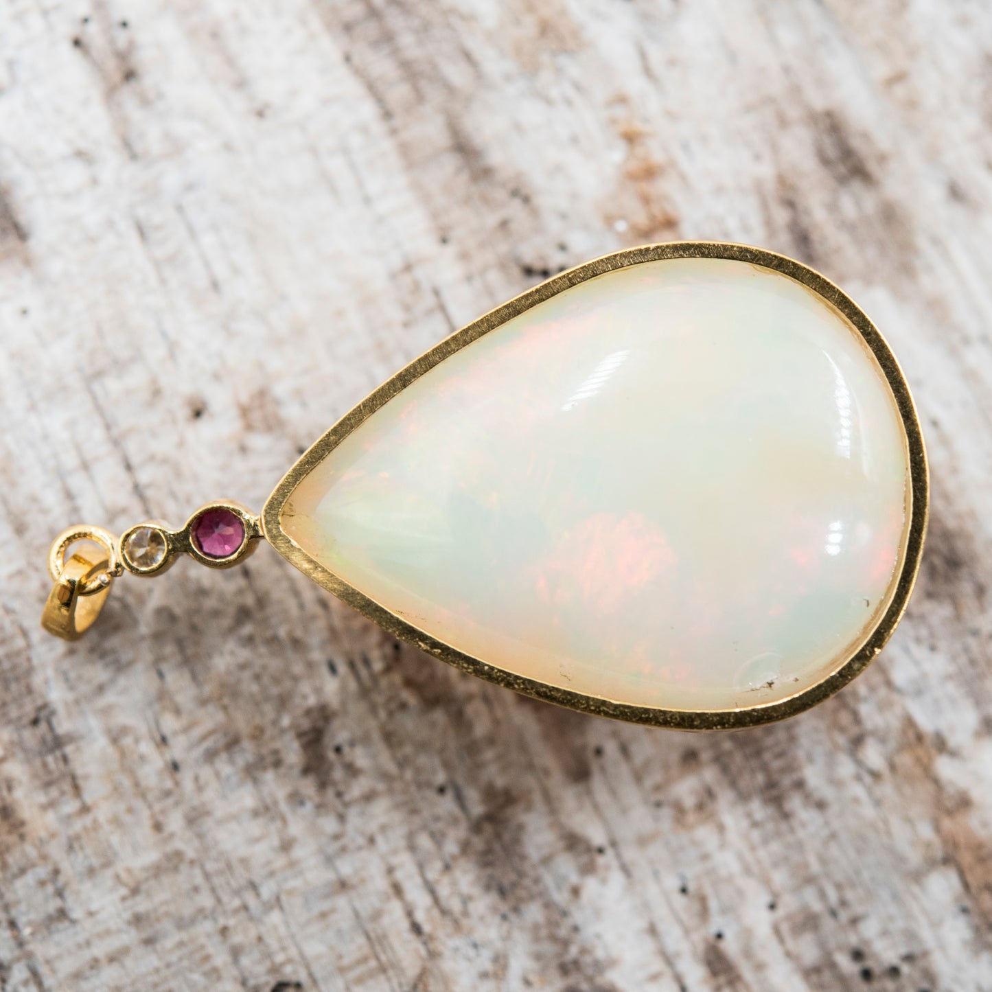 14 Karat Gold | XXL Ethiopian Opal Teardrop w/ Diamond & Ruby Pendant