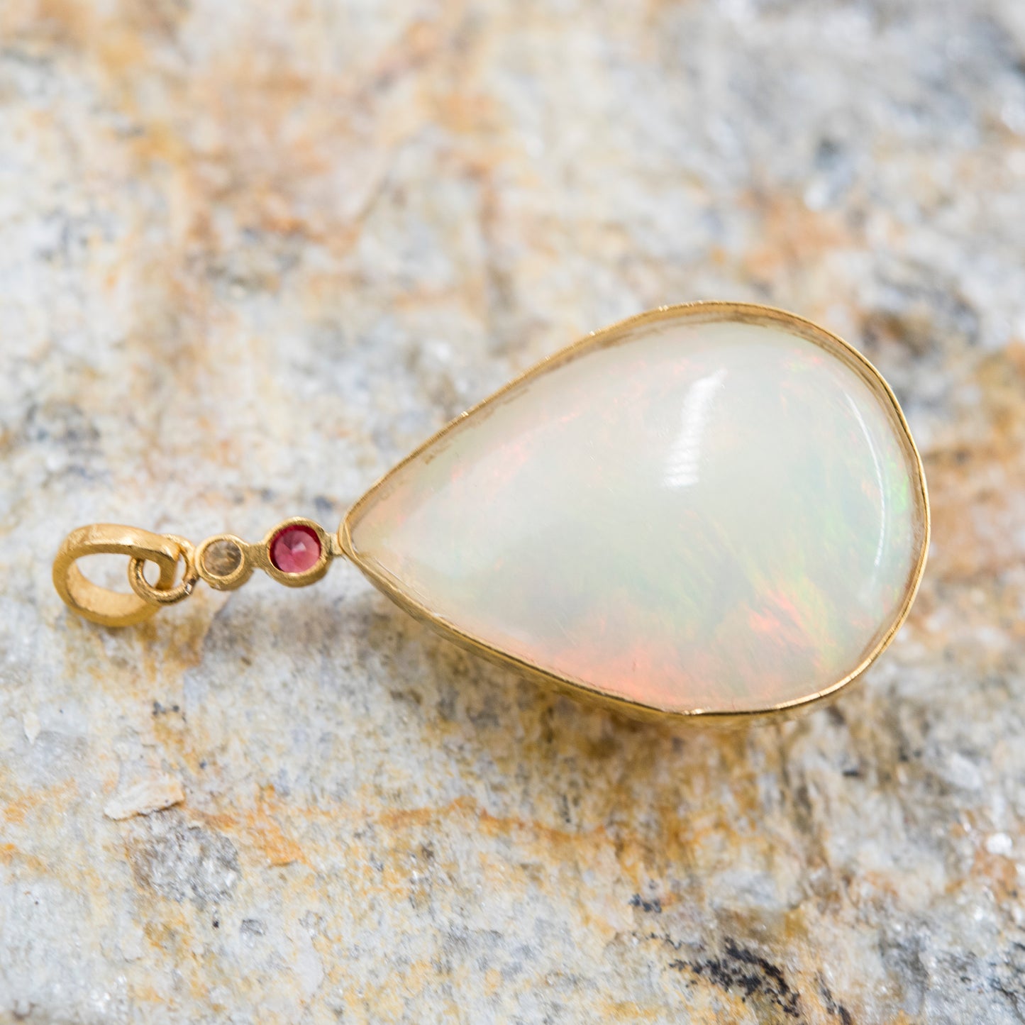 14 Karat Gold | XL Ethiopian Opal Teardrop w/ Diamond & Ruby Pendant