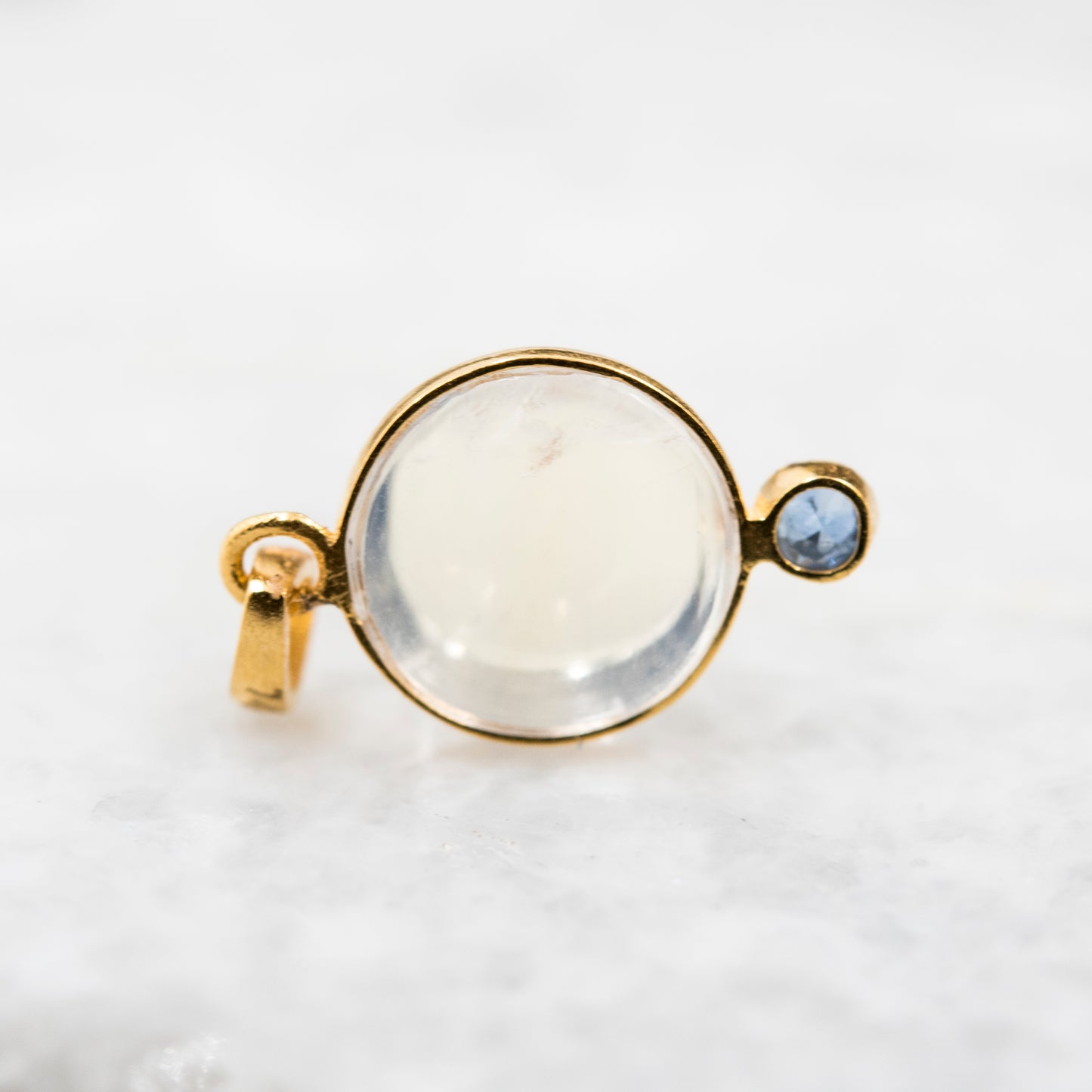 14 Karat Gold | Rainbow Moonstone & Emerald Pendant