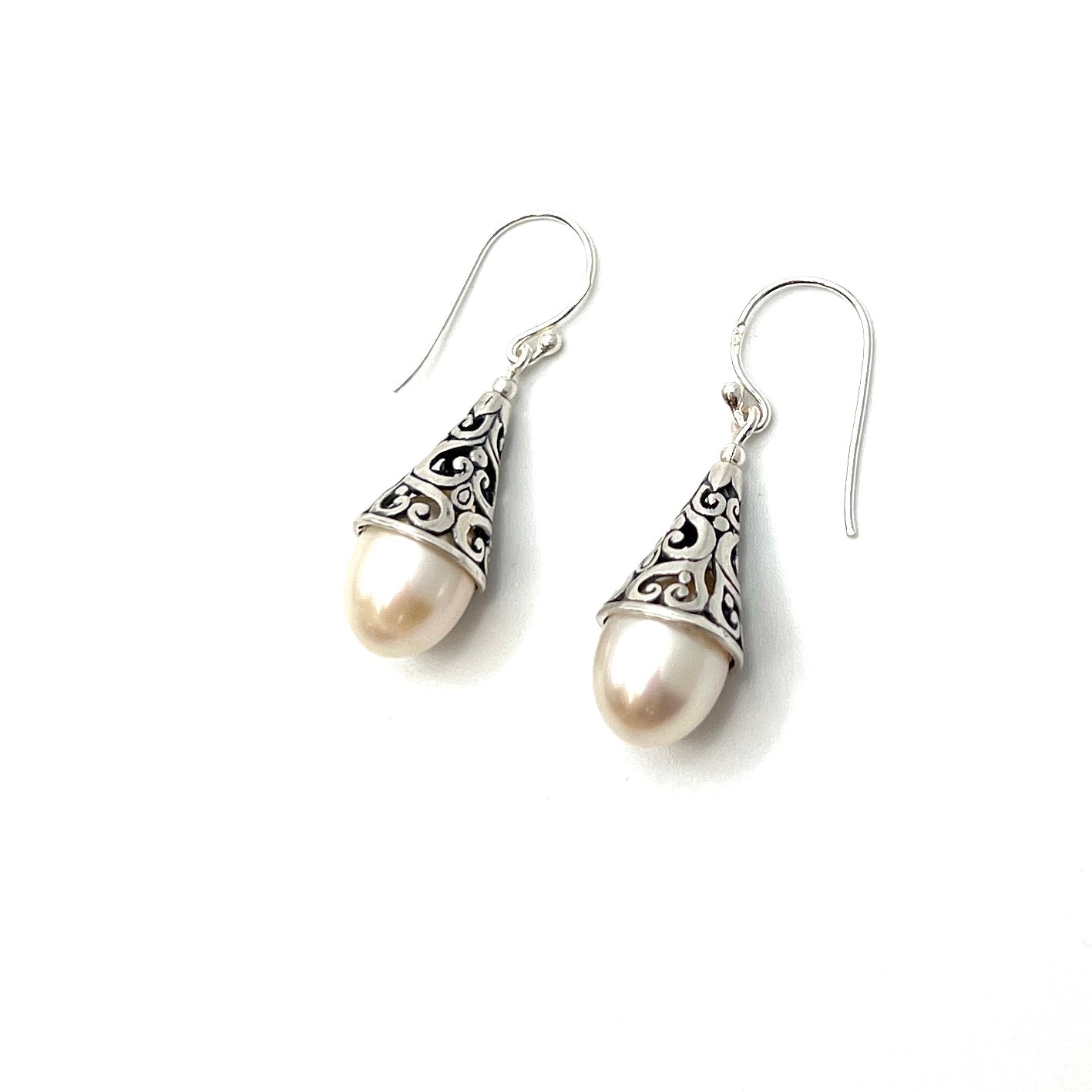 Sterling Silver Filigree Drop Pearl Earrings