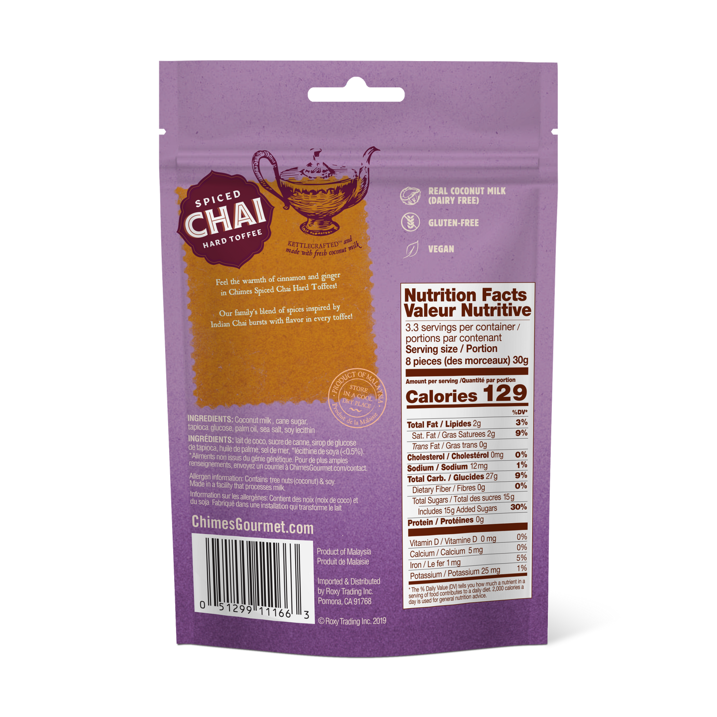 Chimes Spiced Chai Hard Toffee Candy - 3.5 oz Bag