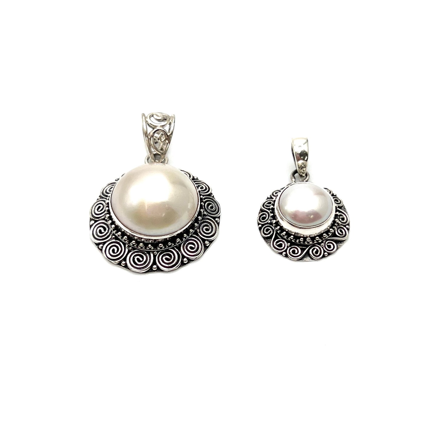 Sterling Silver Round Filigree Pearl Pendants