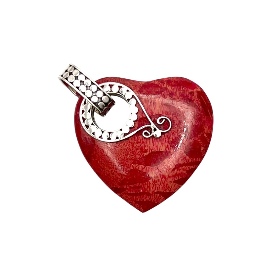 Sterling Silver Red Coral Beaded Heart Pendant